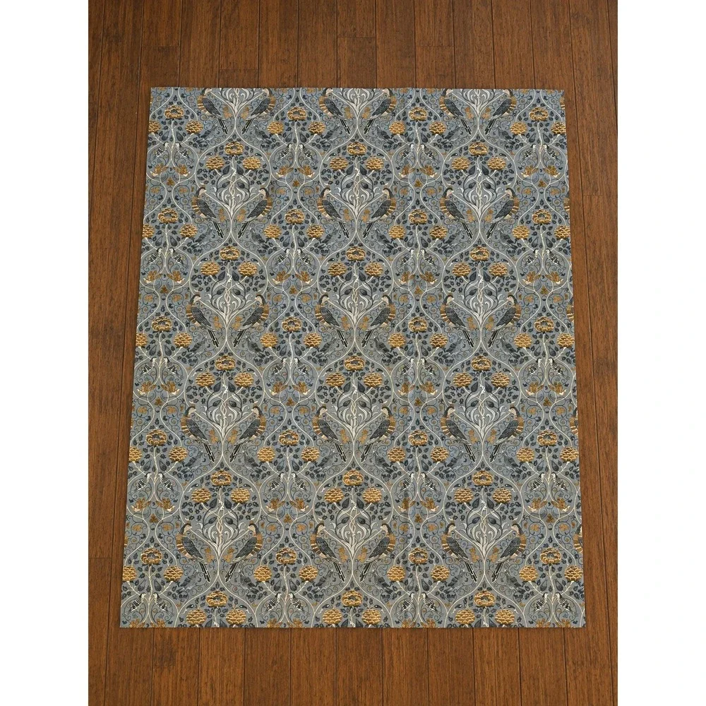 William Morris Style Birds Floral Shower Curtain Blue Gray Cottagecore 71x72
